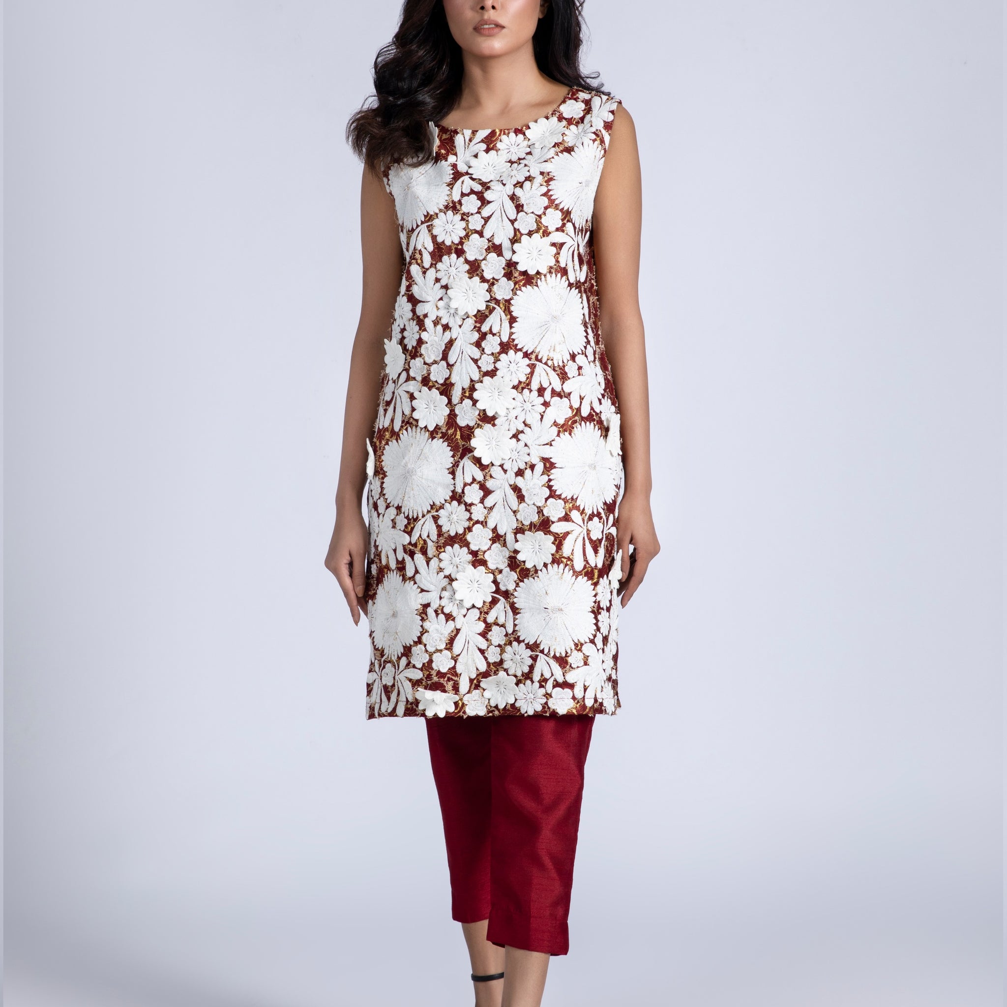 Sleeveless  Embroidered Dress with  pant set