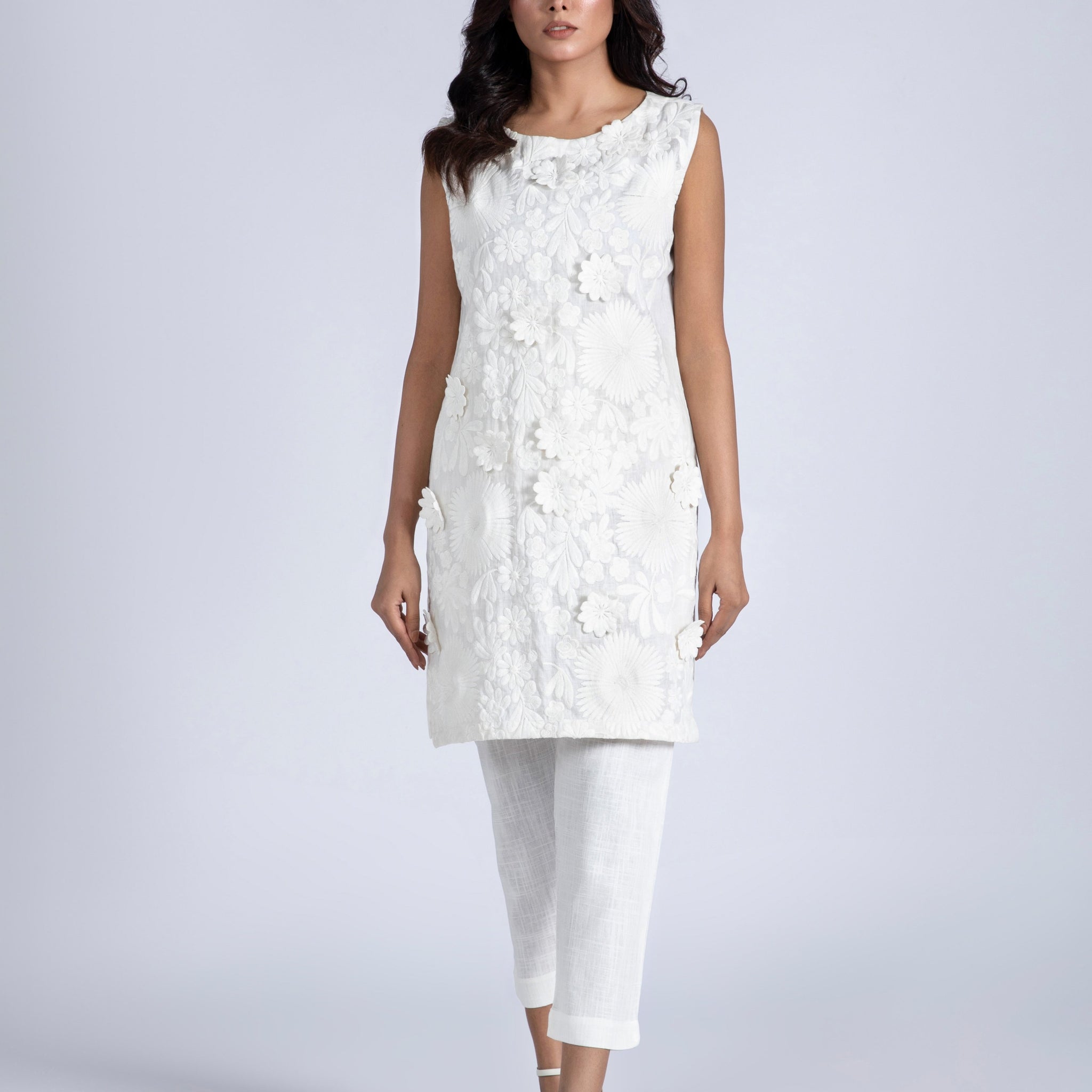 Sleeveless Linen Embroidered Dress with Pant