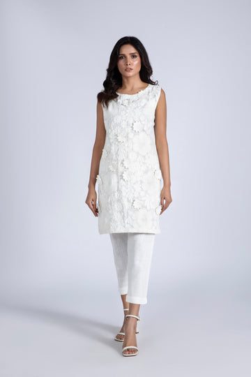 Sleeveless Linen Embroidered Dress with Pant